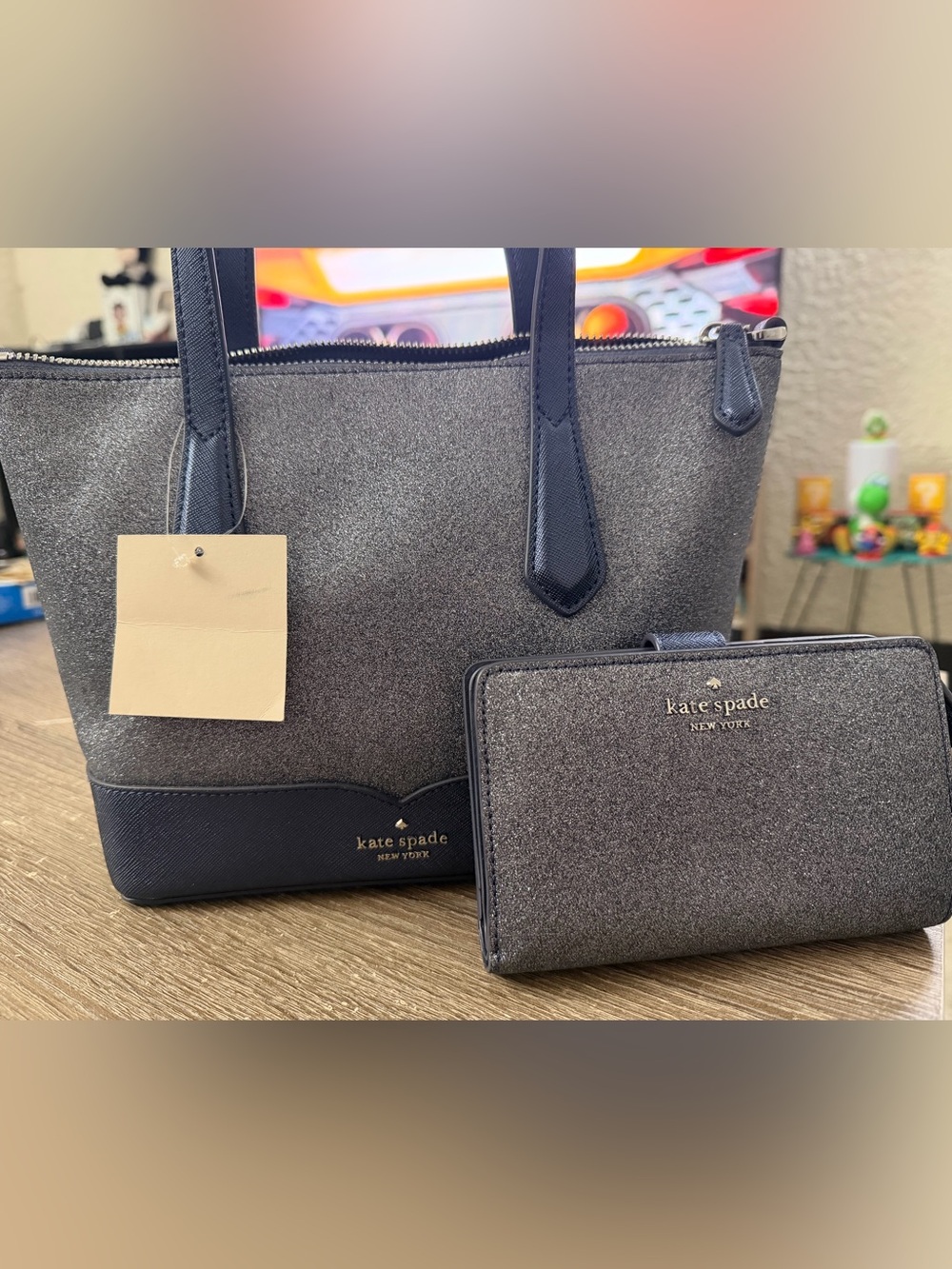 kate spade glitter navy tote with matching wallet